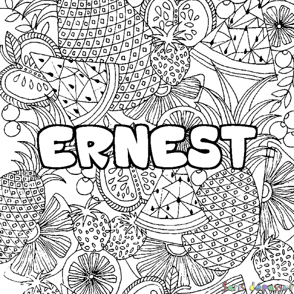Coloriage pr&eacute;nom ERNEST - d&eacute;cor Mandala fruits