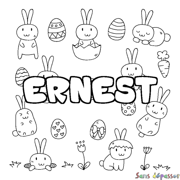 Coloriage pr&eacute;nom ERNEST - d&eacute;cor Paques