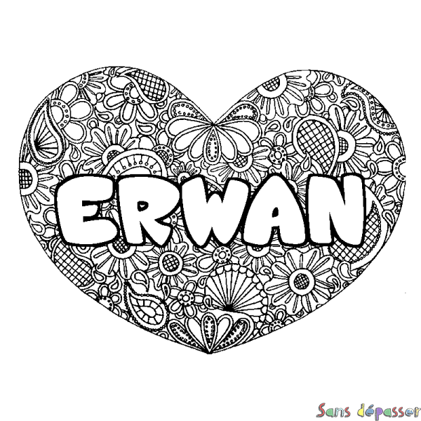 Coloriage pr&eacute;nom ERWAN - d&eacute;cor Mandala coeur