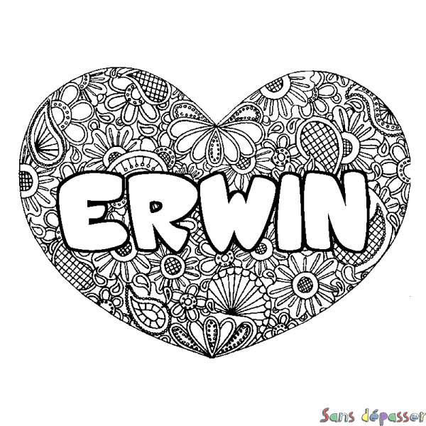 Coloriage pr&eacute;nom ERWIN - d&eacute;cor Mandala coeur