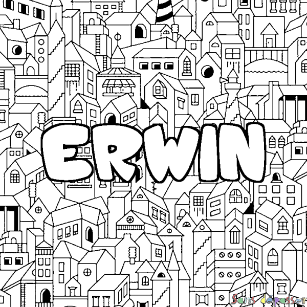 Coloriage pr&eacute;nom ERWIN - d&eacute;cor Ville