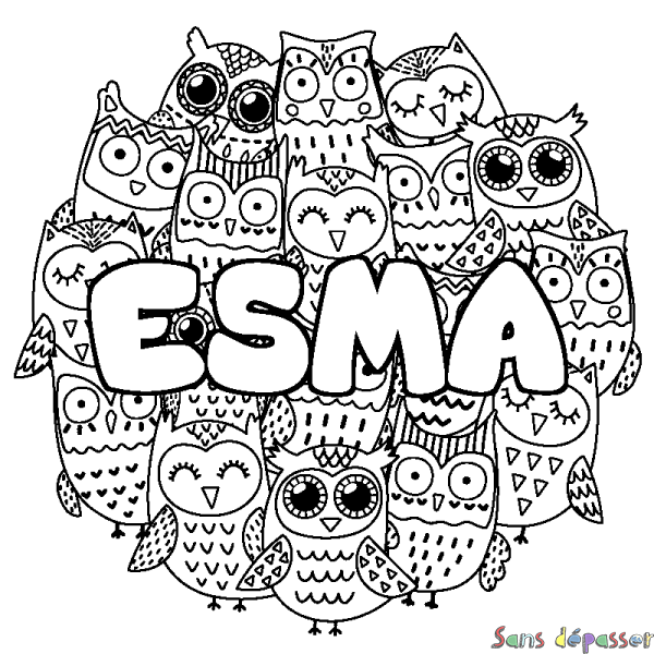 Coloriage pr&eacute;nom ESMA - d&eacute;cor Chouettes