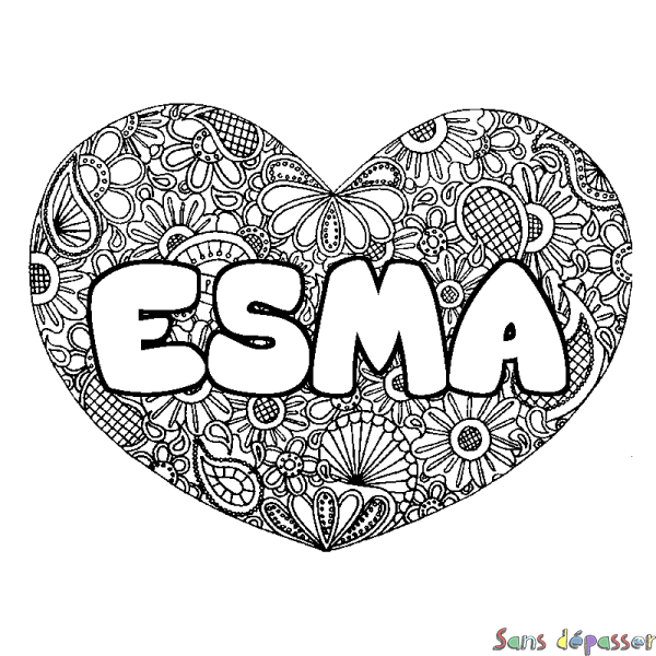 Coloriage prénom ESMA - d&eacute;cor Mandala coeur