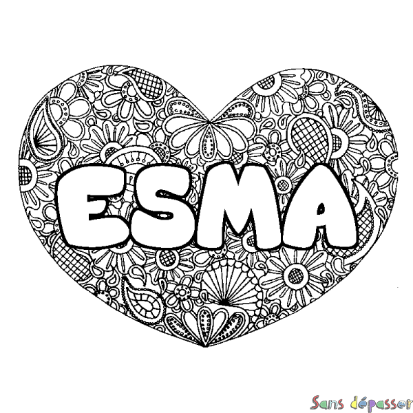 Coloriage pr&eacute;nom ESMA - d&eacute;cor Mandala coeur