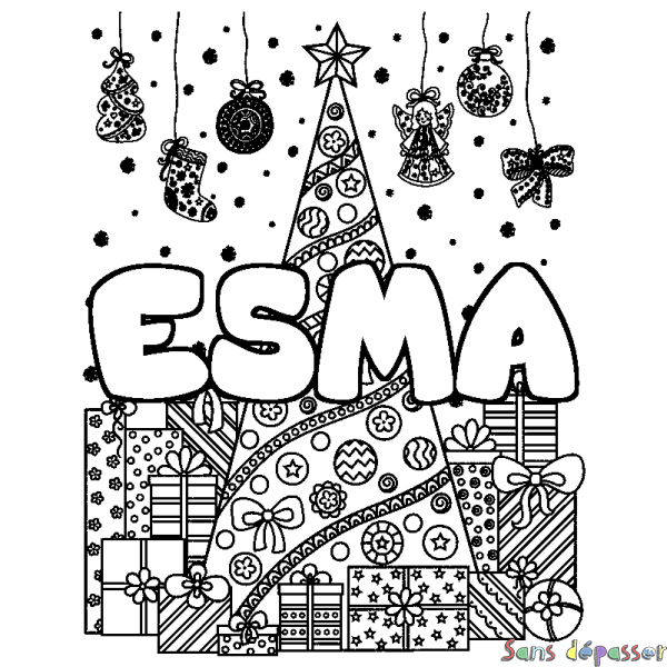Coloriage pr&eacute;nom ESMA - d&eacute;cor Sapin et Cadeaux