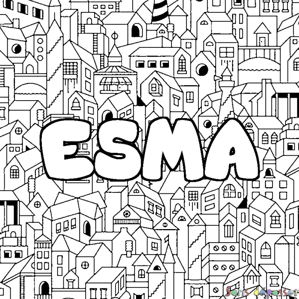 Coloriage pr&eacute;nom ESMA - d&eacute;cor Ville