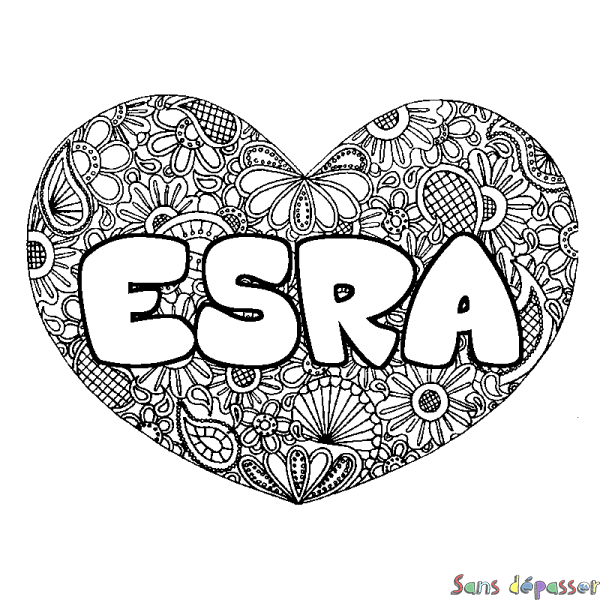Coloriage pr&eacute;nom ESRA - d&eacute;cor Mandala coeur