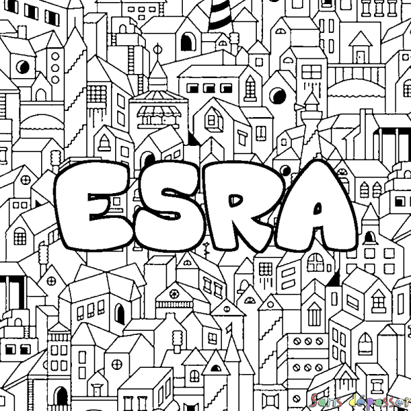 Coloriage pr&eacute;nom ESRA - d&eacute;cor Ville