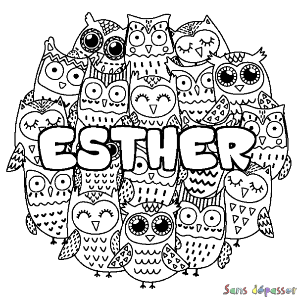 Coloriage pr&eacute;nom ESTHER - d&eacute;cor Chouettes