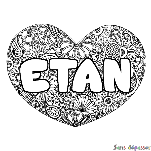 Coloriage pr&eacute;nom ETAN - d&eacute;cor Mandala coeur