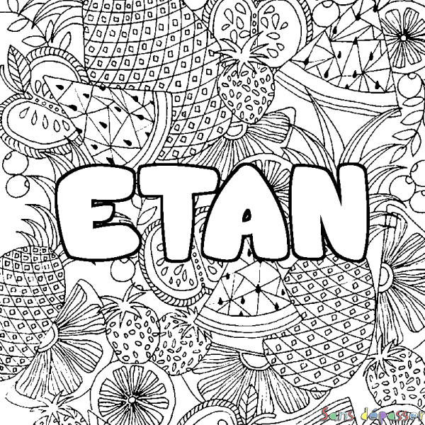 Coloriage pr&eacute;nom ETAN - d&eacute;cor Mandala fruits