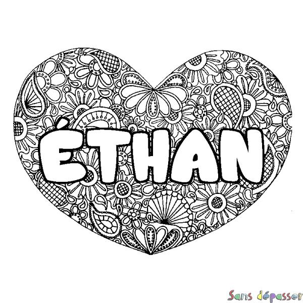 Coloriage pr&eacute;nom &Eacute;THAN - d&eacute;cor Mandala coeur