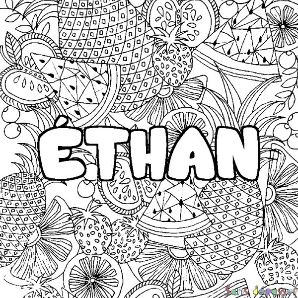 Coloriage pr&eacute;nom &Eacute;THAN - d&eacute;cor Mandala fruits