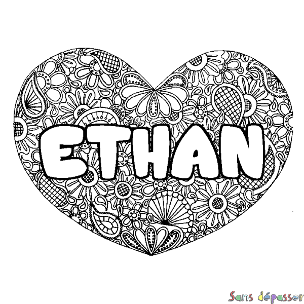 Coloriage pr&eacute;nom ETHAN - d&eacute;cor Mandala coeur