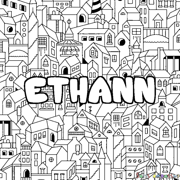 Coloriage pr&eacute;nom ETHANN - d&eacute;cor Ville