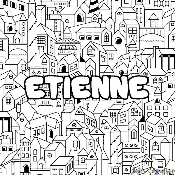 Coloriage pr&eacute;nom ETIENNE - d&eacute;cor Ville