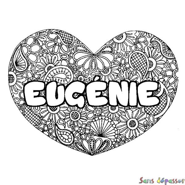 Coloriage pr&eacute;nom EUG&Eacute;NIE - d&eacute;cor Mandala coeur