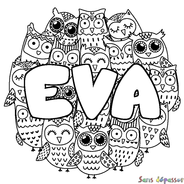 Coloriage prénom EVA - d&eacute;cor Chouettes
