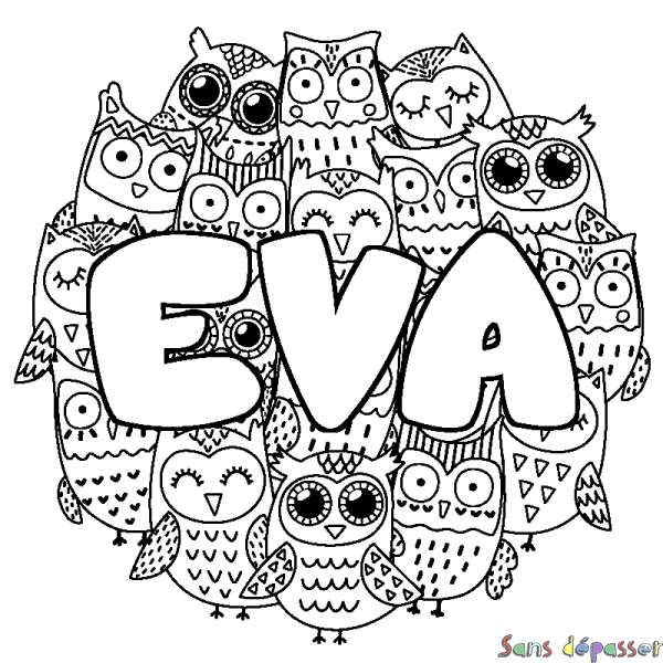 Coloriage pr&eacute;nom EVA - d&eacute;cor Chouettes
