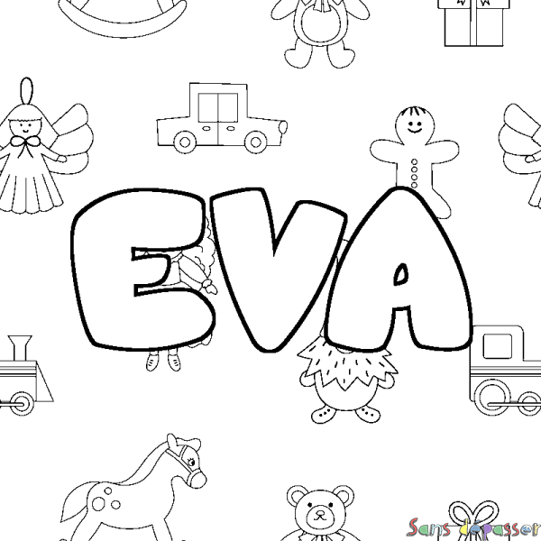 Coloriage pr&eacute;nom EVA - d&eacute;cor Jouets