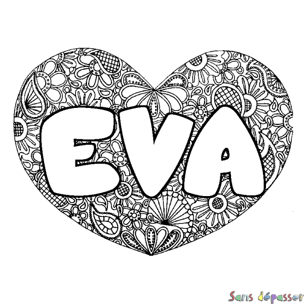 Coloriage pr&eacute;nom EVA - d&eacute;cor Mandala coeur