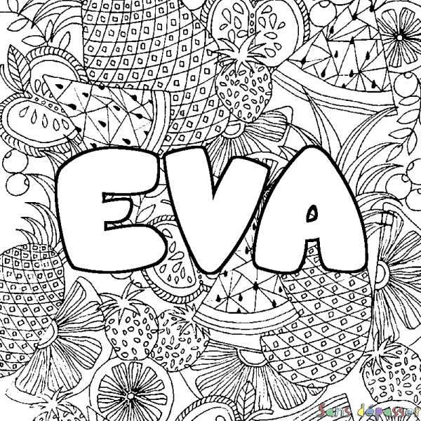 Coloriage pr&eacute;nom EVA - d&eacute;cor Mandala fruits