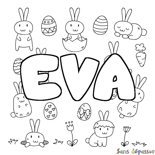 Coloriage pr&eacute;nom EVA - d&eacute;cor Paques