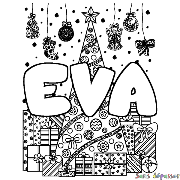 Coloriage prénom EVA - d&eacute;cor Sapin et Cadeaux