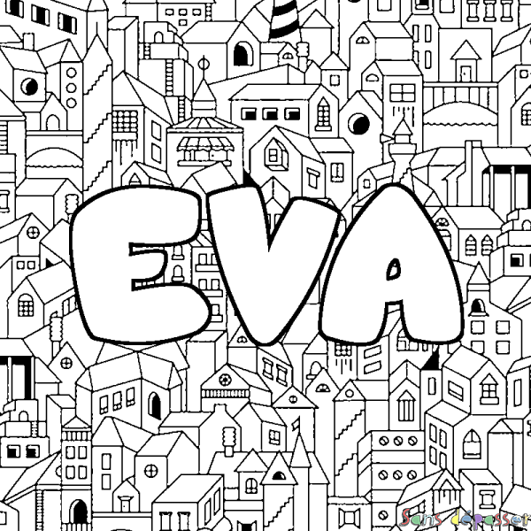 Coloriage pr&eacute;nom EVA - d&eacute;cor Ville