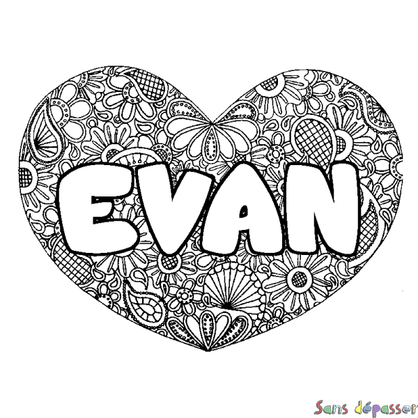 Coloriage pr&eacute;nom EVAN - d&eacute;cor Mandala coeur