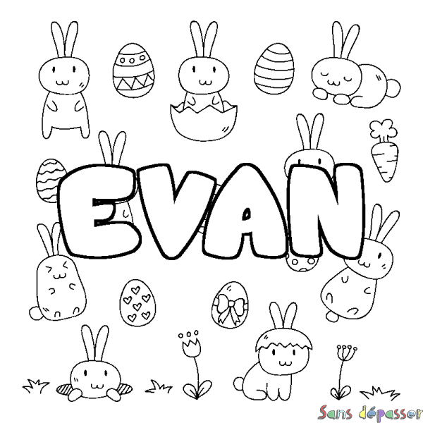 Coloriage pr&eacute;nom EVAN - d&eacute;cor Paques