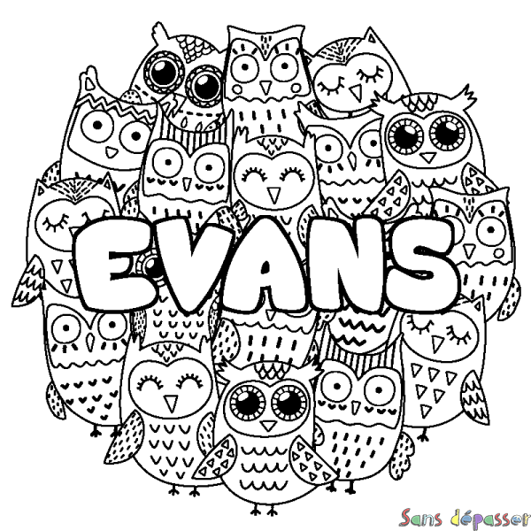 Coloriage pr&eacute;nom EVANS - d&eacute;cor Chouettes