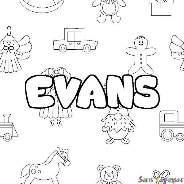 Coloriage pr&eacute;nom EVANS - d&eacute;cor Jouets