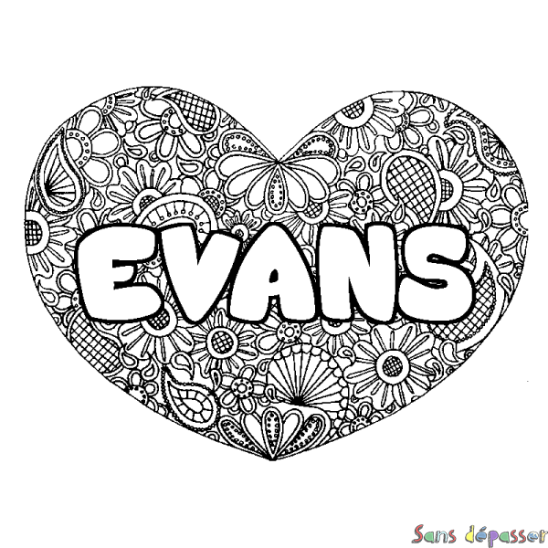 Coloriage pr&eacute;nom EVANS - d&eacute;cor Mandala coeur