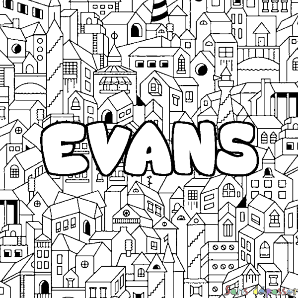 Coloriage pr&eacute;nom EVANS - d&eacute;cor Ville