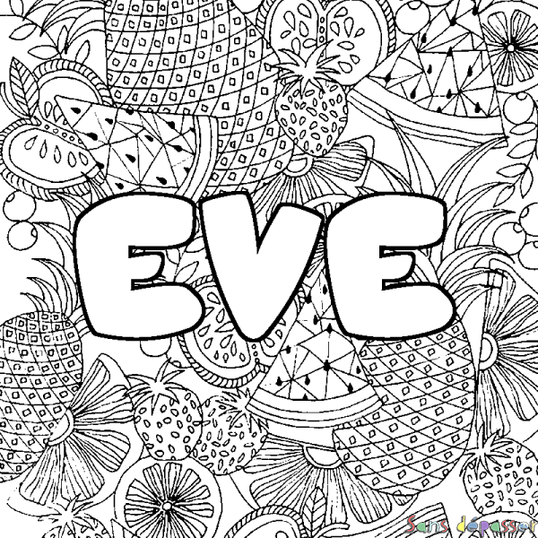 Coloriage pr&eacute;nom EVE - d&eacute;cor Mandala fruits