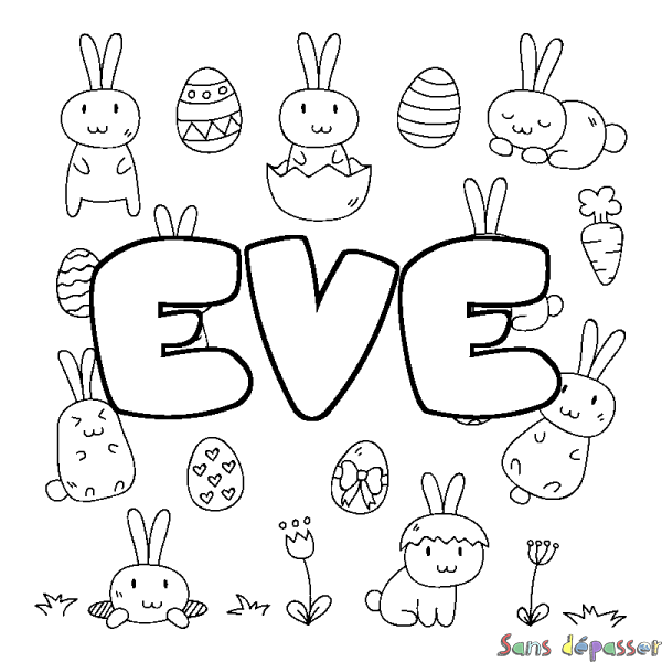 Coloriage pr&eacute;nom EVE - d&eacute;cor Paques