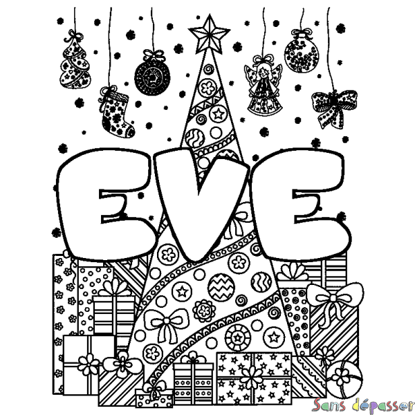 Coloriage pr&eacute;nom EVE - d&eacute;cor Sapin et Cadeaux