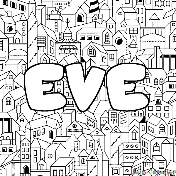 Coloriage pr&eacute;nom EVE - d&eacute;cor Ville