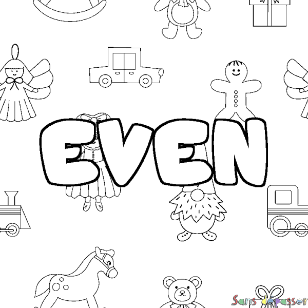 Coloriage pr&eacute;nom EVEN - d&eacute;cor Jouets