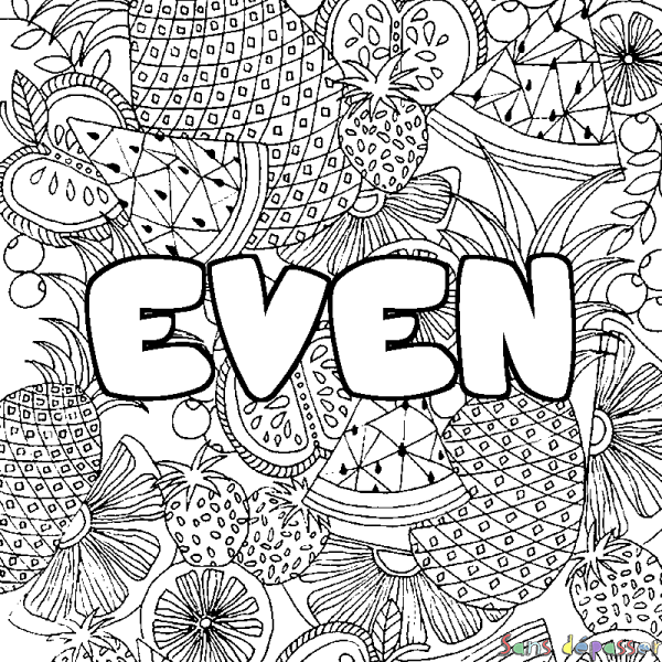 Coloriage pr&eacute;nom EVEN - d&eacute;cor Mandala fruits