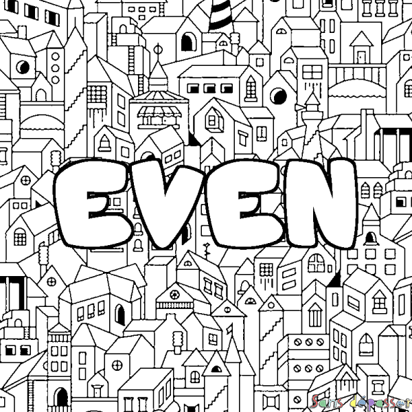 Coloriage pr&eacute;nom EVEN - d&eacute;cor Ville