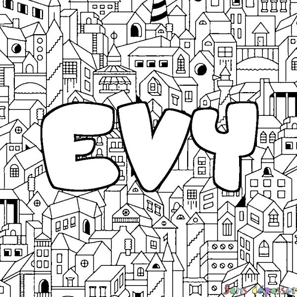 Coloriage prénom EVY - d&eacute;cor Ville