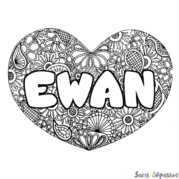 Coloriage prénom EWAN - d&eacute;cor Mandala coeur