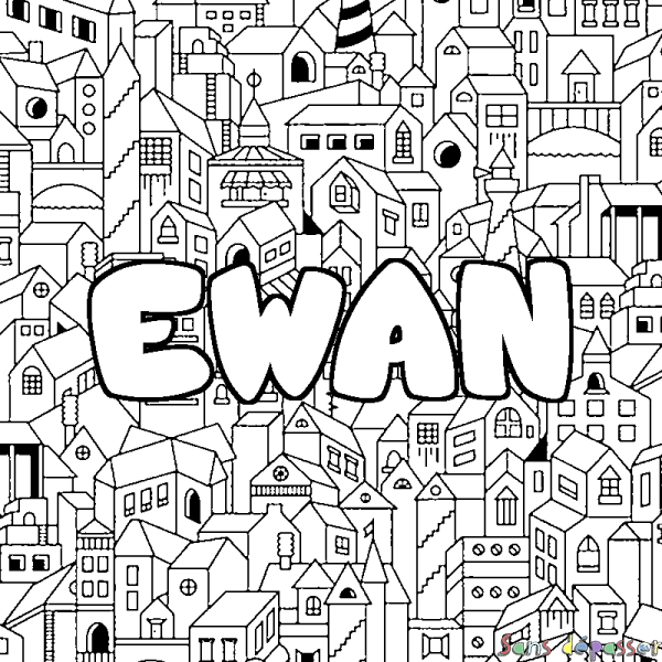 Coloriage prénom EWAN - d&eacute;cor Ville
