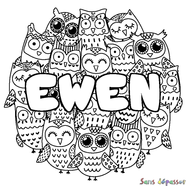 Coloriage pr&eacute;nom EWEN - d&eacute;cor Chouettes