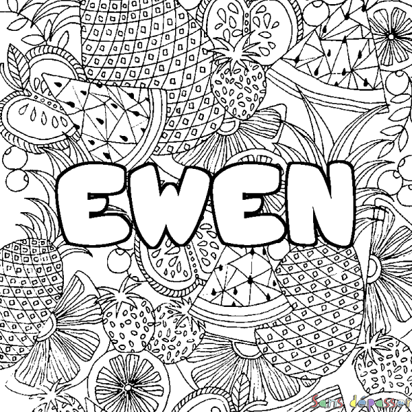 Coloriage prénom EWEN - d&eacute;cor Mandala fruits