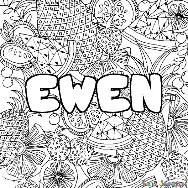 Coloriage pr&eacute;nom EWEN - d&eacute;cor Mandala fruits