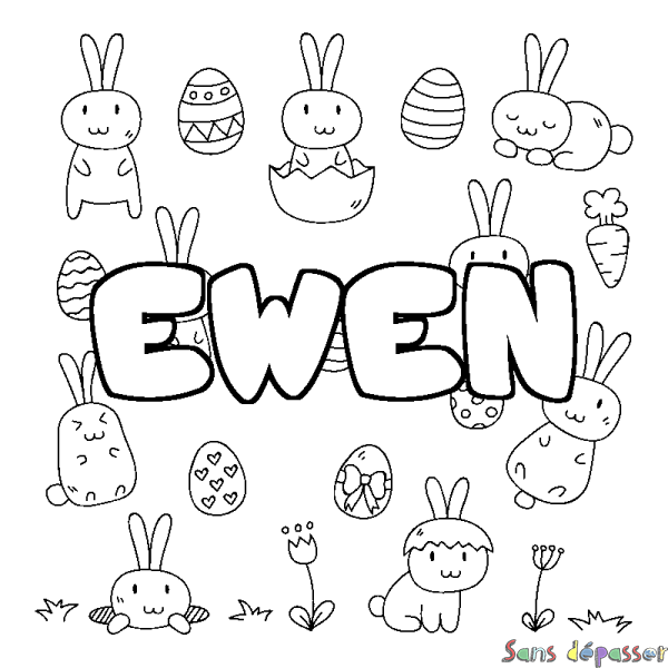 Coloriage pr&eacute;nom EWEN - d&eacute;cor Paques