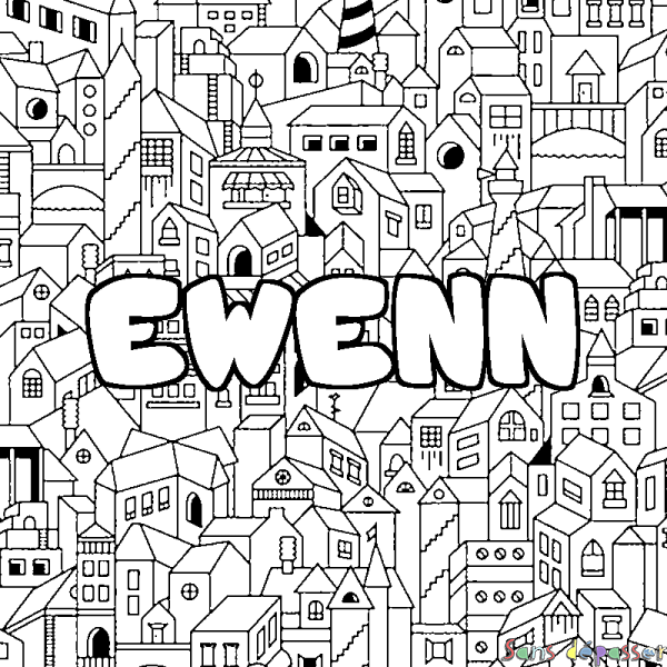 Coloriage pr&eacute;nom EWENN - d&eacute;cor Ville